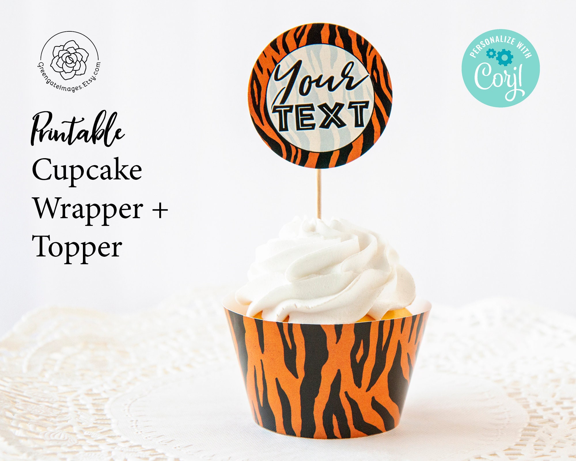 Tiger Print Cupcake Wrappers Toppers PRINTABLE wrappers tiger cupcake toppers corjl editable wild one two wild birthday party