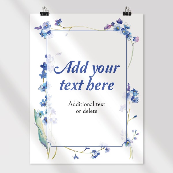 Forget-Me-Not Sign Template - Editable Corjl 8.5x11" sign. Letter size flyer, A4 signage, memorial service, celebration of life, flowers.