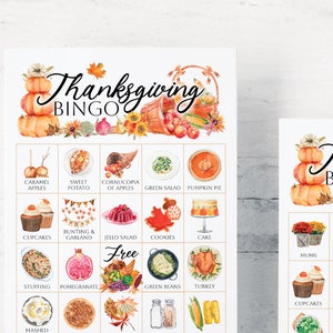 Thanksgiving Bingo Cards 50 PRINTABLE unique cards in PDF, senior citizen activity, kids game all ages, large print text w/ color pictures 画像 6