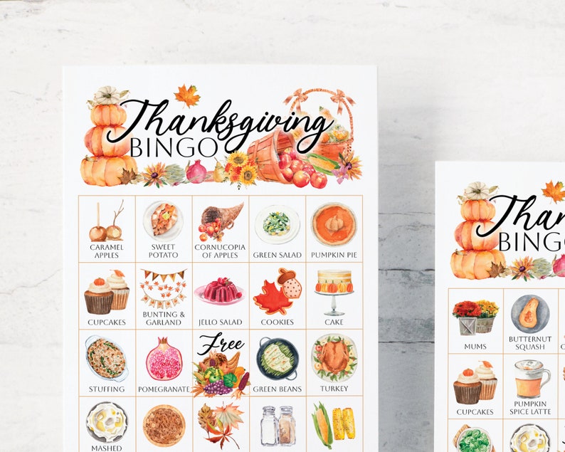 Thanksgiving Bingo Cards 50 PRINTABLE unique cards in PDF, senior citizen activity, kids game all ages, large print text w/ color pictures 画像 6