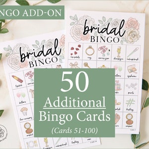 ADICIONAL: 50 cartões de Bingo BRIDAL coloridos adicionais (numerados de 51 a 100) para acompanhar o jogo original, vendido separadamente