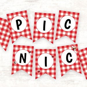 Banner de carta de picnic - empavesado de mensaje imprimible editable, gingham rojo y blanco, estandarte del maestro, aula, cumpleaños, estandarte de insectos