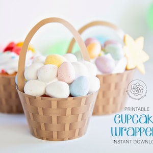 Braun/Natur Korb Cupcake Wrappers - DRUCKBARE Wrapper und Griff Topper. Weidenkorb Design in Beige Farbgebung. Kinder, Hochzeiten usw.