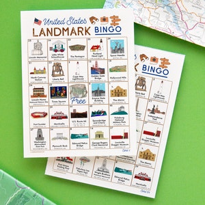 US Landmarks Bingo - 50 unikalnych kart DO DRUKU. Natychmiastowe cyfrowe pobranie pliku PDF. Zabawna i edukacyjna gra do klas, ośrodków dla seniorów itp.