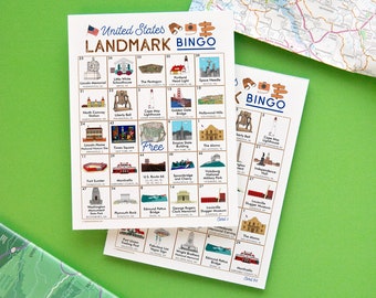 US Landmarks Bingo - 50 PRINTABLE unique cards. Instant digital download PDF. Fun and educational game for classrooms, senior centers, etc.