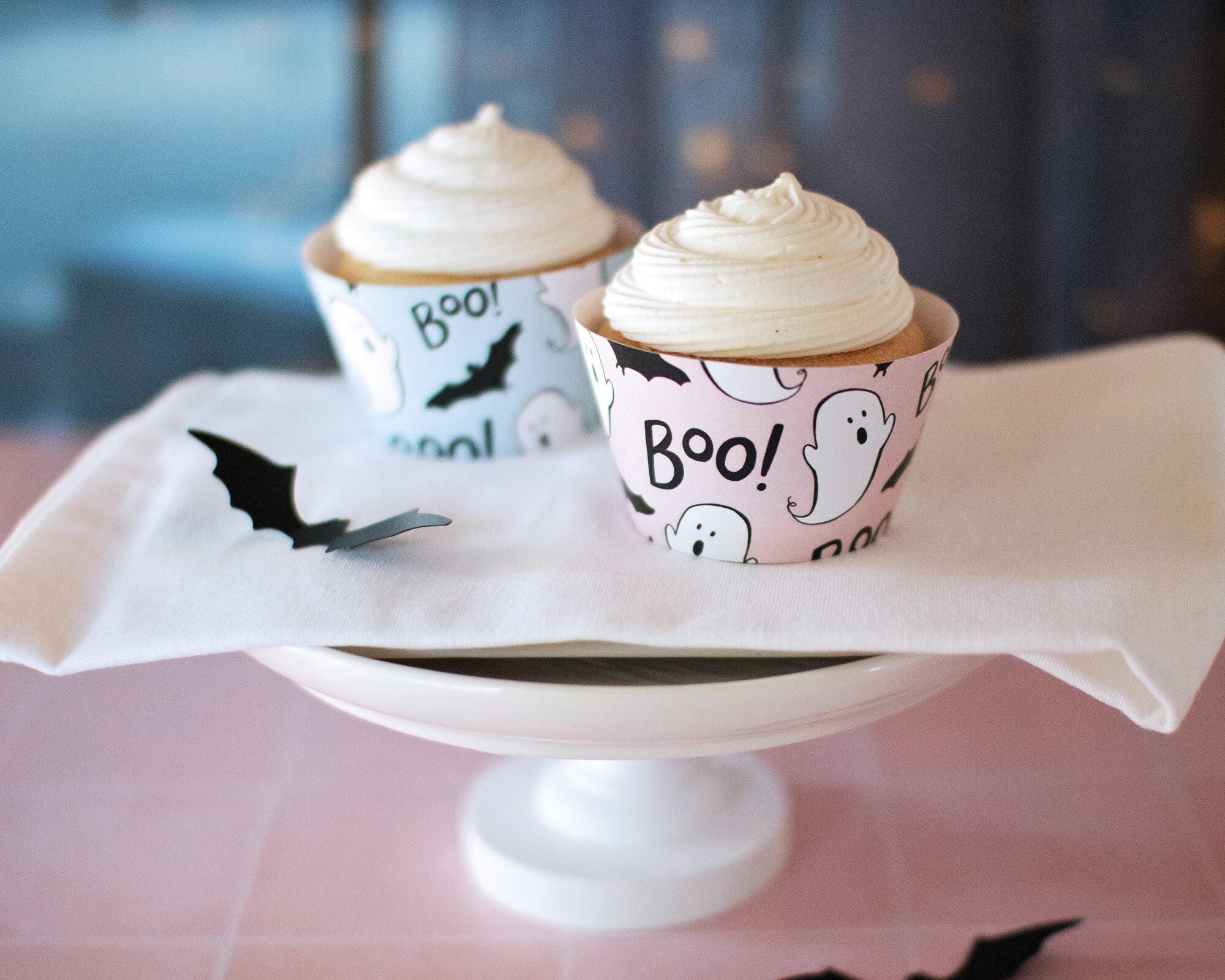 Pink and Blue Ghosts Cupcake Wrappers Printable cupcake wraps new baby halloween boo ghosts gender reveal october baby shower