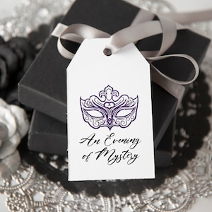 PURPLE Masquerade Gift Tag Template - PRINTABLE Corjl editable favor hang tag. Mardi Gras masquerade ball, sparkly Venetian mask, birthday.