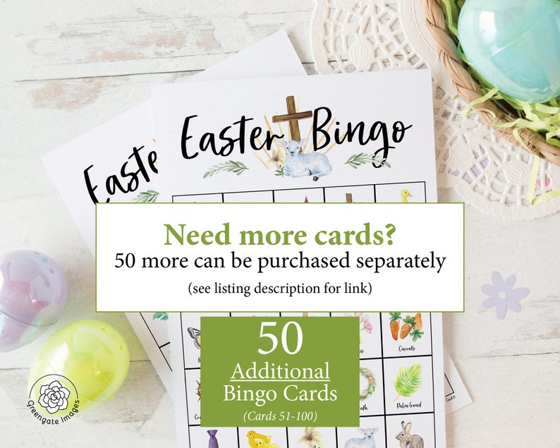 Pode incluir: Um conjunto de 50 cart&otilde;es de bingo de P&aacute;scoa com fundo verde e branco. Os cart&otilde;es apresentam imagens de itens com tema de P&aacute;scoa, como coelhos, pintinhos, ovos e cruzes. O texto "Need more cards? 50 more can be purchased separately (see listing description for link)" est&aacute; escrito em uma caixa branca no topo dos cart&otilde;es. O texto "50 Additional Bingo Cards (Cards 51-100)" est&aacute; escrito em uma caixa verde na parte inferior dos cart&otilde;es.