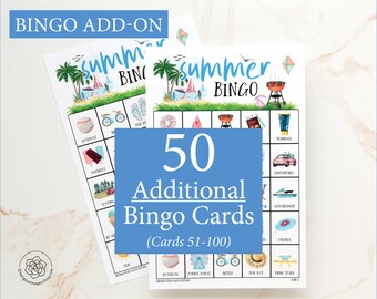 May include: A blue and white printable bingo card set with the text "Summer Bingo" and images of summer activities. The set includes 50 additional cards, numbered 51-100.