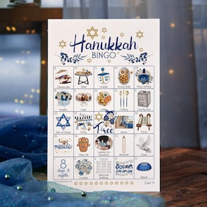 Hanukkah Bingo II - 50 cartes uniques IMPRIMABLES. Activité festive pour tous les âges. Jeu de 'Hanoucca prérempli avec des images, étude de la fête juive.