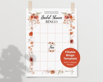 FILLABLE Bingo Template - 50 PRINTABLE bingo cards pdf. Editable personalized floral bridal shower game, wedding reception diy blank bingo.