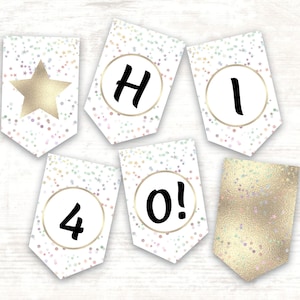 Personalized Letter Banner - PRINTABLE bunting flags with pastel stars and champagne gold. Editable PDF form in Adobe Reader. Add your text.