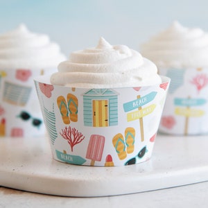 Summer Beach Cupcake Wrapper - PRINTABLE instant download, swimming pool party, waterfront vacation, cruise gathering, girl&#39;s birthday