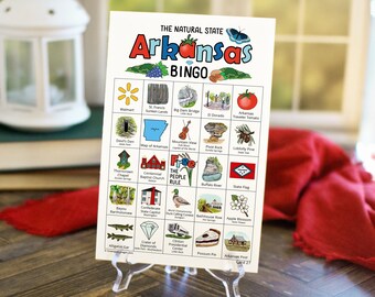 Arkansas Bingo Cards - 50 PRINTABLE unique cards download instantly. Fun AR state activity for kids to seniors. Educational homeschool game.