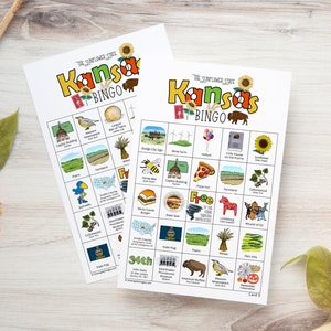 Cartões de Bingo do Kansas - 50 cartões exclusivos IMPRIMÍVEIS para download instantâneo. Atividade divertida do estado de Kansas para crianças e idosos. Jogo educacional para educação domiciliar.
