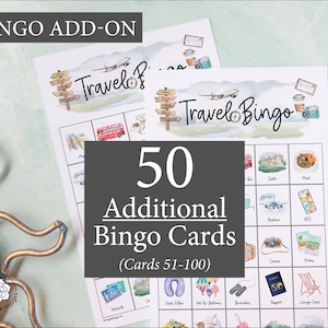 AJOUT : 50 cartes de bingo de voyage supplémentaires (numérotées de 51 à 100) pour aller avec le jeu original, vendues séparément