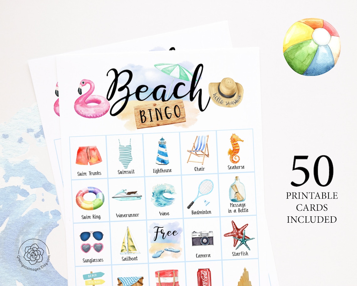 Beach Bingo PRINTABLE 50 Cards Bingo Pdf Game Party Game Etsy UK