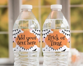 Pfirsich Kürbisse Halloween Wasserflasche Etikett - druckbar, Corjl bearbeitbar, fröhliches Halloween, Süßes oder Saures Ideen aushändigen, personalisiertes Dekor