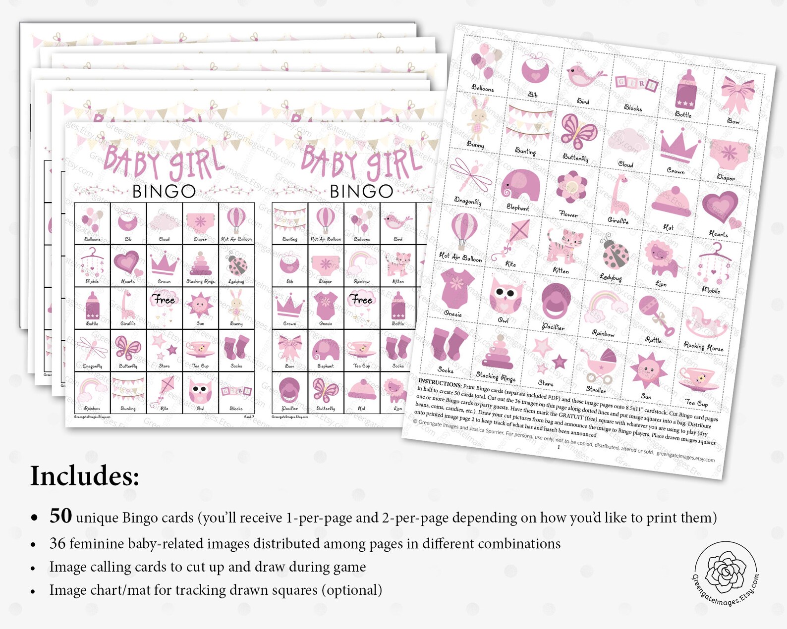 Baby Girl Bingo Cards: PRINTABLE Bingo Cards, Baby Shower Bingo, Set of ...