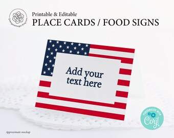 Patriotic Buffet Signs - PRINTABLE, Edit in Corjl, American flag, Red white blue, memorial day party sign, table cards, tented sign