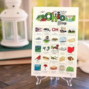 Cartões de Bingo de Ohio - 50 cartões exclusivos IMPRIMÍVEIS para download instantâneo. Atividade divertida do estado de Ohio para crianças e idosos. Jogo educacional para educação domiciliar.