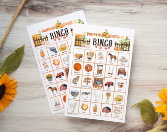 Pumpkin Patch Bingo Cards: PRINTABLE bingo with labeled pictures. 50 cards with calling cards in a PDF. Pumpkin farm game, autumn activity.