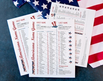 Patriotic Name Generator -  Americana Name Game – Funny 4th Party Idea for Kids & Adults. Small, medium, large printable sizes included.