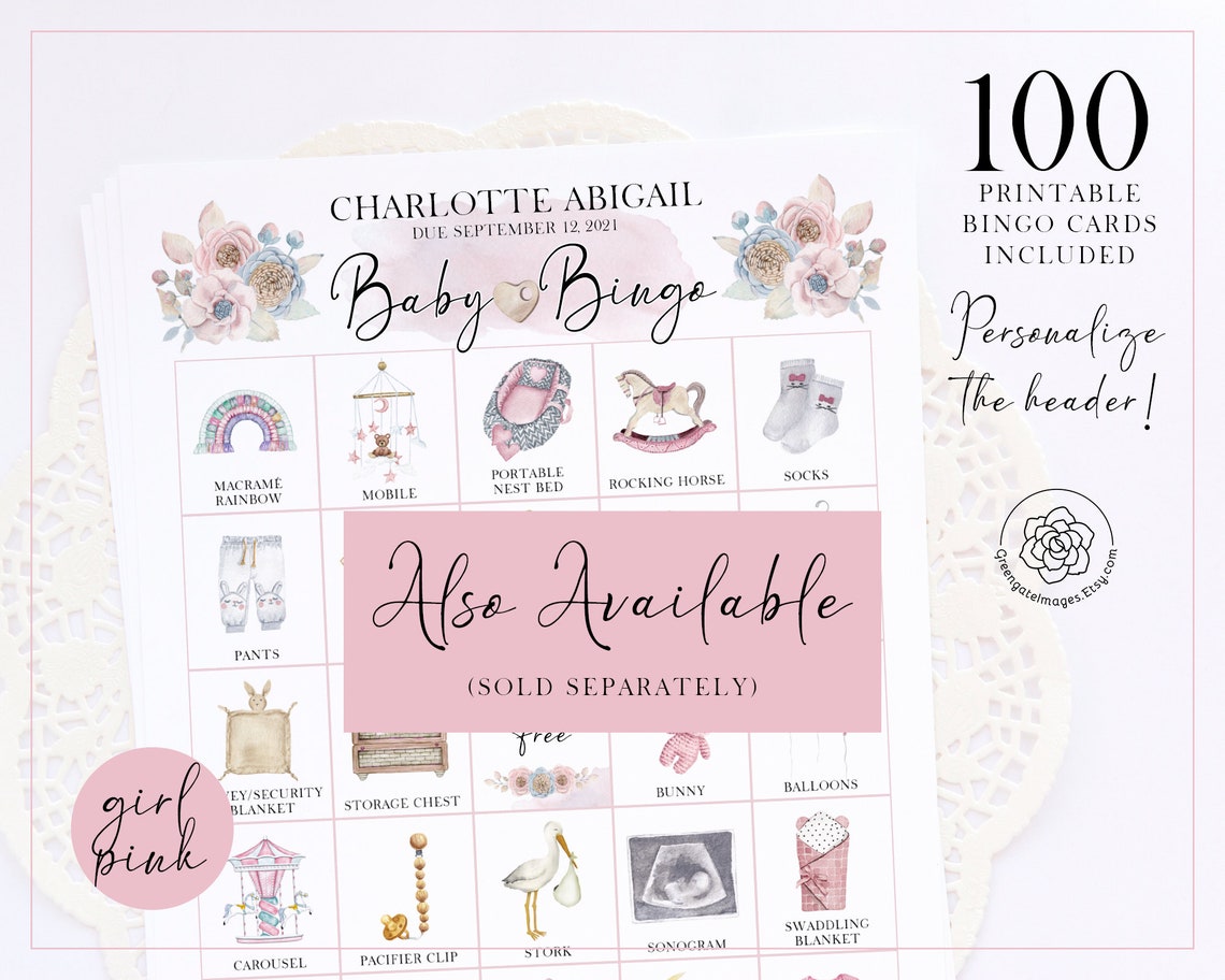 Baby Girl Bingo Cards: PRINTABLE Bingo Cards, Baby Shower Bingo, Set of ...