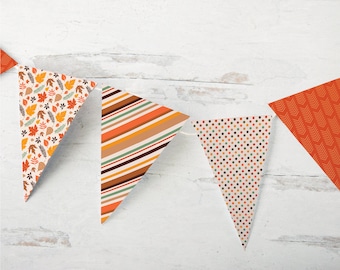 Fall Bunting - Banner IMPRIMIBLE con estampados mixtos en naranja, marrón, dorado y beige. Linda decoración de repisa para otoño, despedidas de soltera y baby showers.