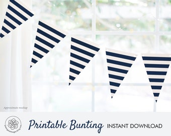Navy Stripe Printable Bunting Download - nautical triangle, digital banner, party decor, party printable, striped bunting, baby shower ideas