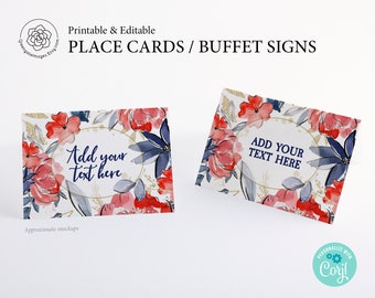 Patriotic Floral Food Signs - PRINTABLE, Edit in Corjl, Red white blue flowers, patriotic wedding, table cards, tented sign buffet card