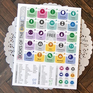 May include: A colorful "Books of the Bible Bingo" game card with a white lace doily on a wooden surface. The card features a grid of Bible books, each in a different color, with the text "FREE" in the center.