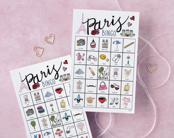 Paris Bingo Cards: Printable bingo cards, 50 cards, senior citizen activities, kids game, labeled color pictures, girls birthday game idea