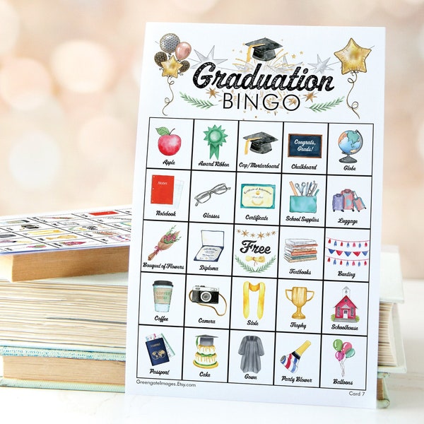 Graduation Bingo Cards - 50 PRINTABLE unique cards. Instant digital download PDF. Fun grad party game for all ages. Labeled color pictures.