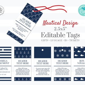 Nautical Printable Tags - ID tag, luggage personalized bag tags, edit corjl, customizable, fillable, diaper bag tag, travel tags, tickets