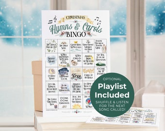 Christmas Hymn Bingo - 50 PRINTABLE unique cards. Instant download PDF. Fun musical activity for church groups, choirs, & christian events.
