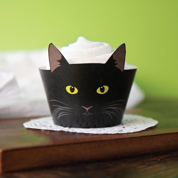 Black Cat Cupcake Wrappers - PRINTABLE Halloween Cupcake Wrappers, cute dessert idea, party printables, kitty cat pdf, instant download