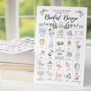 Greenery Bridal Bingo Cards: PRINTABLE set 50 unique cards as a PDF. Personalize the header and title text using Adobe Reader. Neutral leaf.
