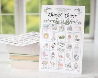 Greenery Bridal Bingo Cards: PRINTABLE set 50 unique cards as a PDF. Personalize the header and title text using Adobe Reader. Neutral leaf.