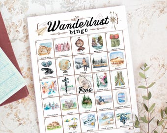 Travel Bingo (Wanderlust) - 50 PRINTABLE unique cards. Instant digital download PDF. Beautiful hand-painted game for adventurers of all ages