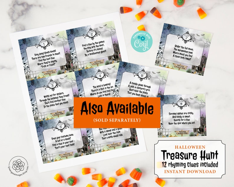May include: A set of 12 printable Halloween treasure hunt clue cards with rhyming clues. The cards feature a spooky Halloween theme with a graveyard, bats, and cobwebs. The text on the cards reads "Halloween Treasure Hunt 12 rhyming clues included Instant Download".