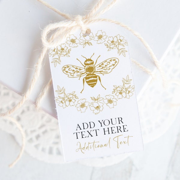 Bee Gift Tag - PRINTABLE honey bee favor tag. Personalize Corjl. Line art drawing w florals for bridal shower, baby shower, birthday party.