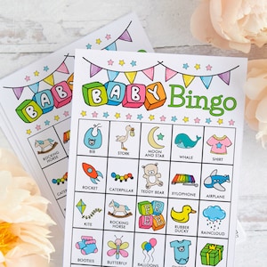 Baby Bingokarten: Druckbares Bingo Set, 50 Karten, Partyidee, Babypartyspiel, Baby streuen Aktivität, geschlechtsneutrales Babyparty Bingo