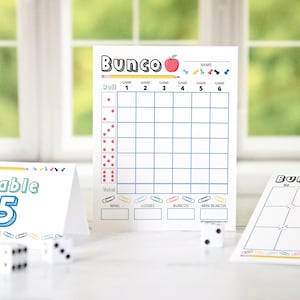 Bunco-scorekaartset met schoolthema - AFDRUKBARE digitale download-pdf met lijst- en tafelnummerkaarten. Feestspel, idee voor grote groepsactiviteit