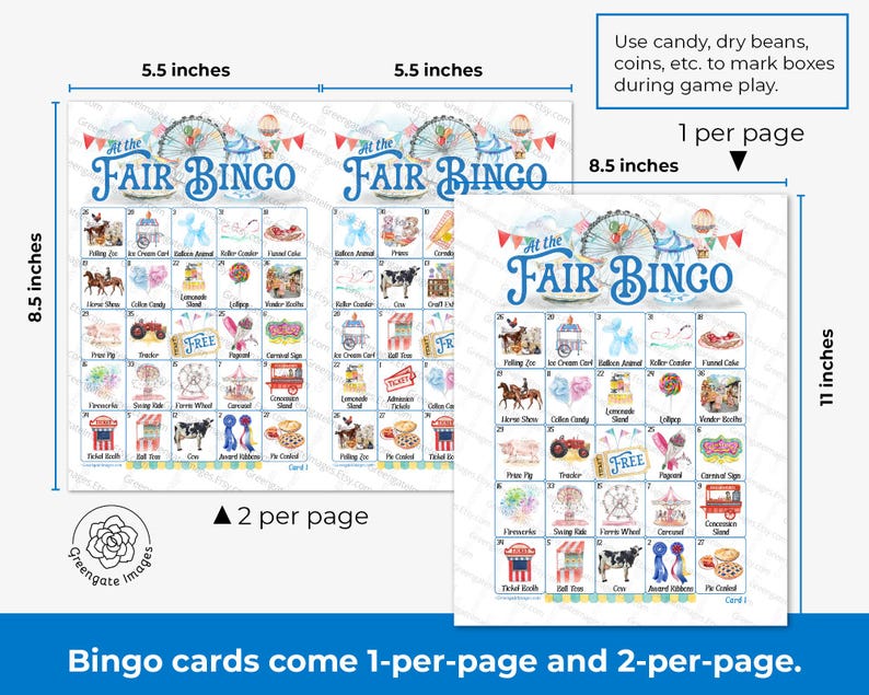 Fair Bingo - 50 PRINTABLE Unique Cards. Instant Digital Download PDF ...