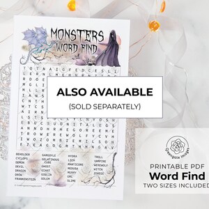 May include: Printable PDF word search puzzle featuring a black and white illustration of a dragon and a hooded figure. The puzzle includes words related to monsters, such as "vampire", "zombie", "dragon", and "witch". The text "Monsters Word Find" is at the top of the puzzle. The text "Also Available (Sold Separately)" is in a white box with a black border. The text "Printable PDF Word Find Two Sizes Included" is at the bottom of the puzzle.