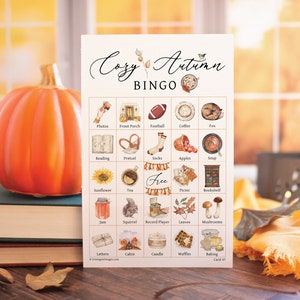 Gezellige herfstbingokaarten - 50 AFDRUKBARE unieke herfstbingokaarten met gelabelde afbeeldingen. Visitekaartjes als pdf. Schone herfstactiviteit voor volwassenen