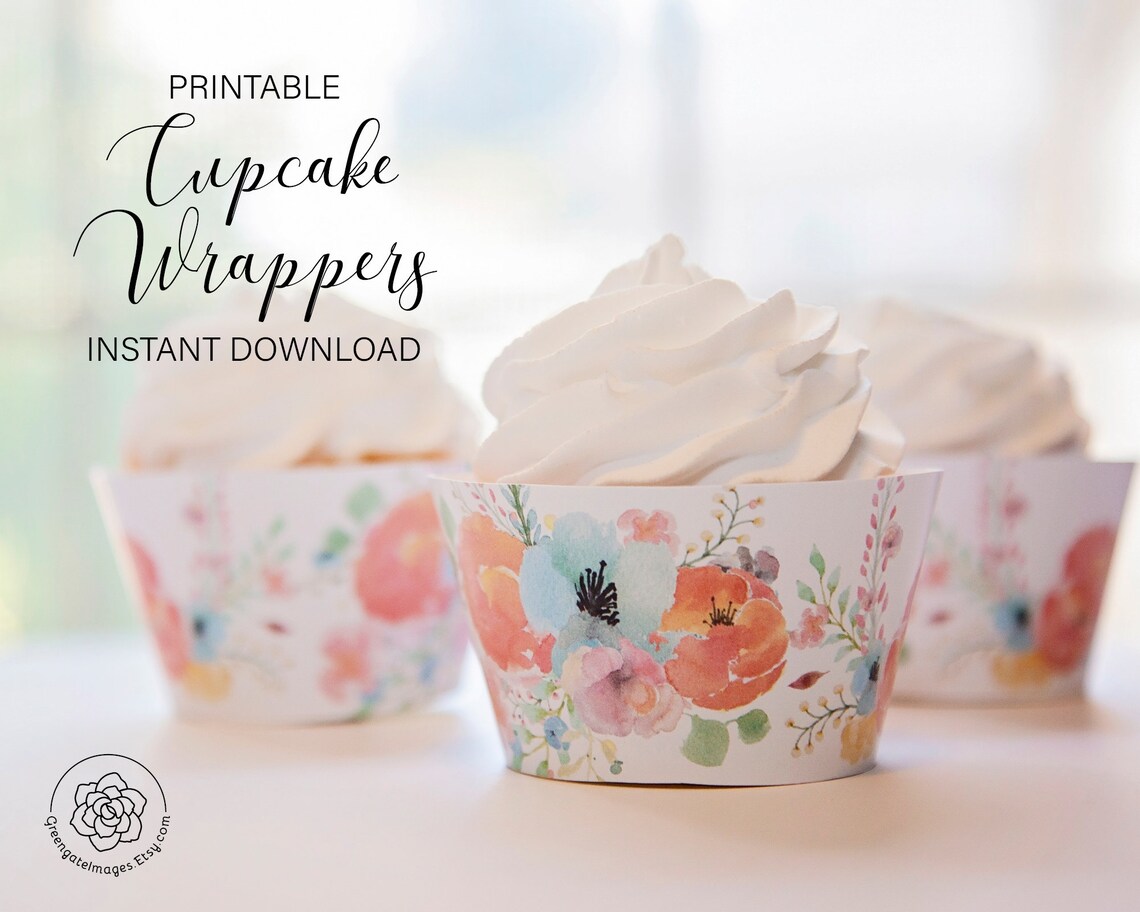Printable Cupcake Wrappers Spring Floral Watercolor Design | Etsy