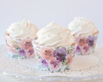 Peach/Lavender Roses Cupcake Wrappers - PRINTABLE floral cupcake wraps pdf, bridal shower ideas, wedding cupcakes, dessert table idea