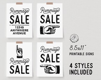 Può includere: Quattro cartelli stampabili in bianco e nero per una svendita. Ogni cartello presenta le parole "Rummage SALE" in un carattere invecchiato. Un cartello include un indirizzo e due cartelli hanno mani che indicano. I cartelli misurano 21,6 x 27,9 cm.